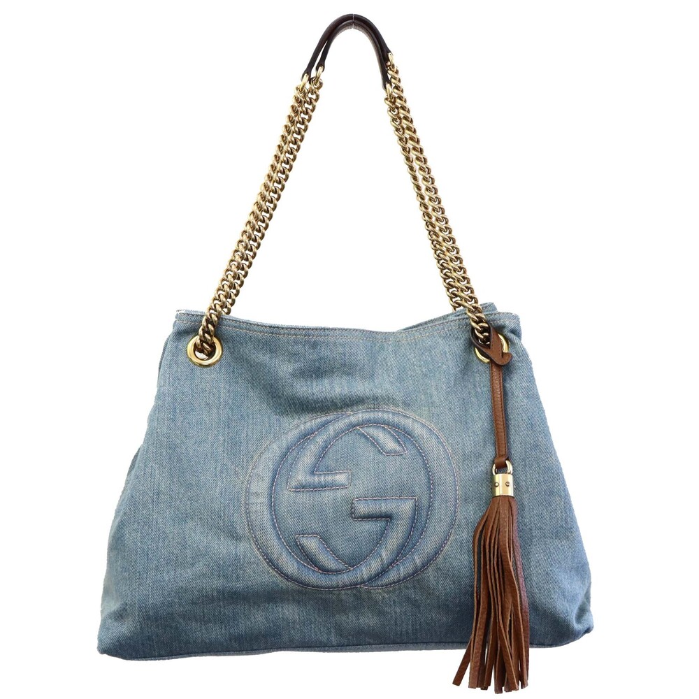 GUCCI Soho Interlocking GG Chain Shoulder Denim Blue Tote Bag Tassel
